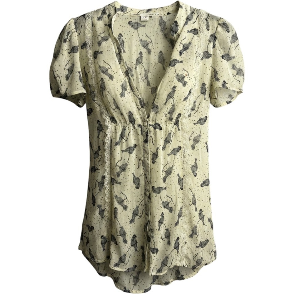 Cream Quirky Bird Polka Dot Lace Trim Button Up Chiffon Blouse Top Twee Coquette